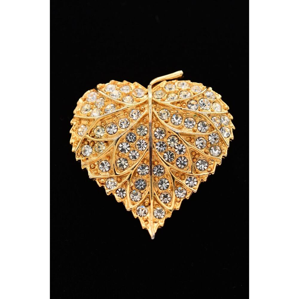 MOD Vintage Leaf Pin Brooch Rhinestone Crystal Gold Sparkle Heavy Signed BinAP